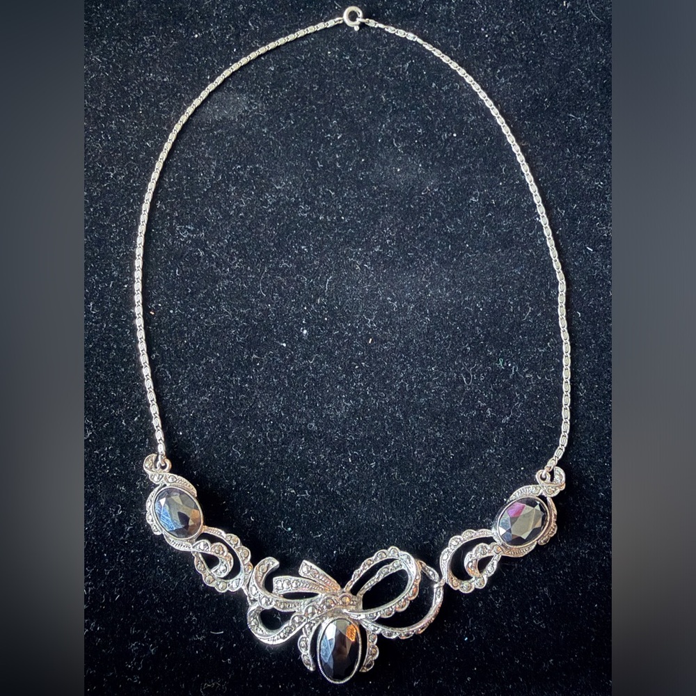 Vintage Silver Bow Pendant Necklace with Smoky Crystal Accents